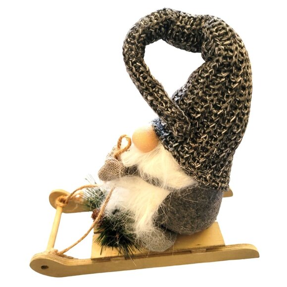 Gnome With Knitted Hat On Wooden Sled with Mistletoe VL1004 - Picture 2 of 6